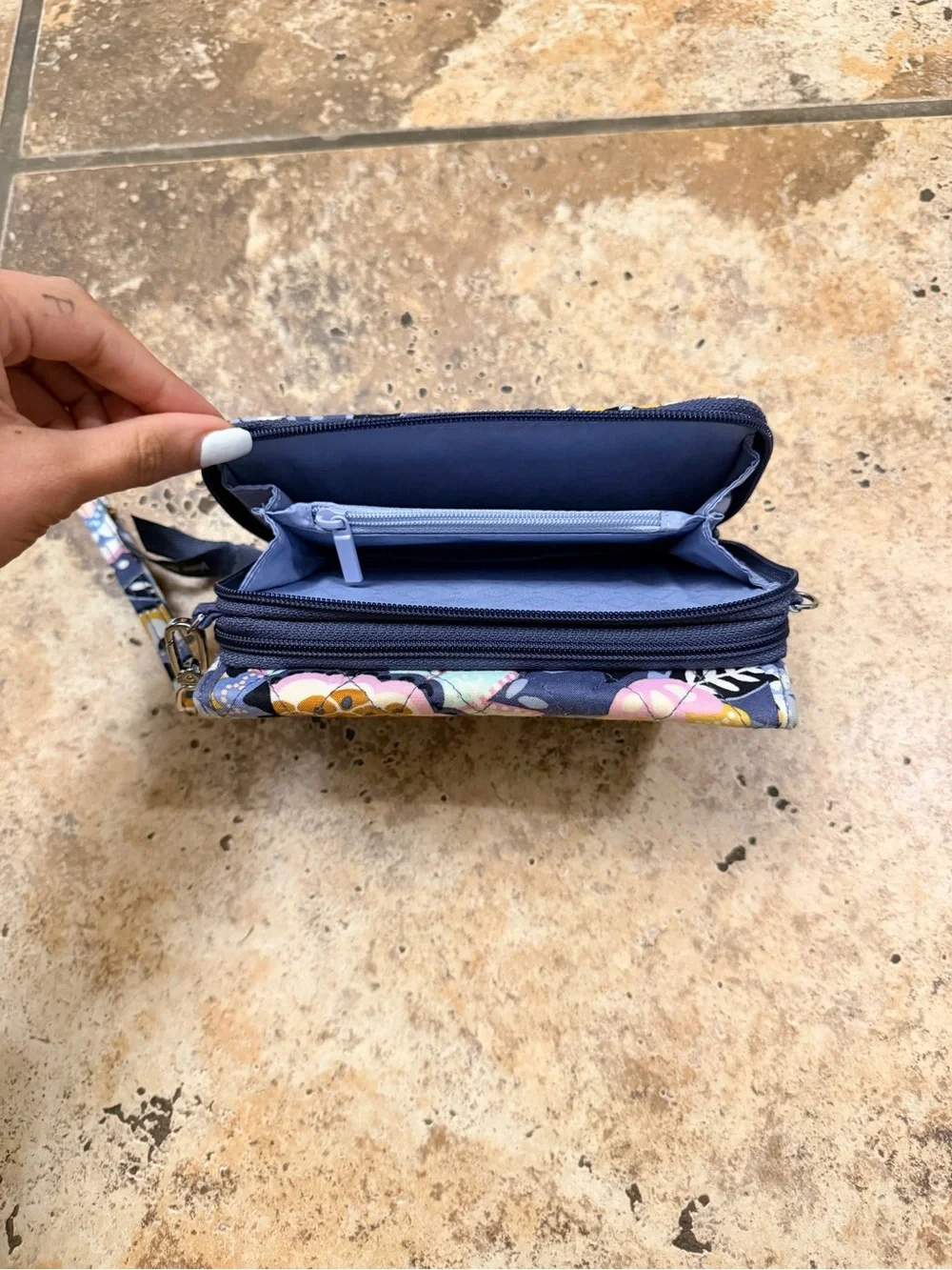 Vera Bradley Navy Floral Wristlet with Yellow & Pink Accents